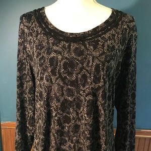 Vintage Black Grey Blue Print Scoop Neck Blouse